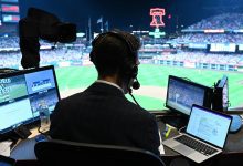 Fox Fox Sports play-by-play announcer Joe Davis in the broadcast booth at game 4 of the 2022 World Series at Citizens Bank Park on November 2, 2022 in Philadelphia, Pennsylvania