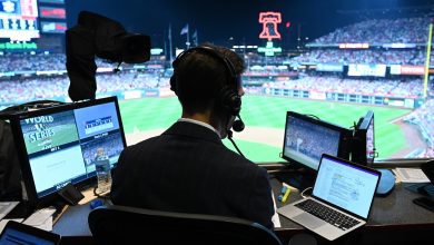 Fox Fox Sports play-by-play announcer Joe Davis in the broadcast booth at game 4 of the 2022 World Series at Citizens Bank Park on November 2, 2022 in Philadelphia, Pennsylvania