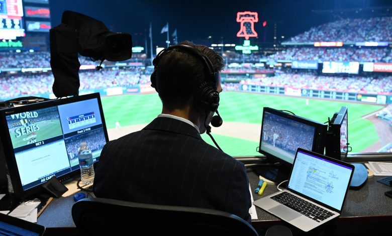 Fox Fox Sports play-by-play announcer Joe Davis in the broadcast booth at game 4 of the 2022 World Series at Citizens Bank Park on November 2, 2022 in Philadelphia, Pennsylvania