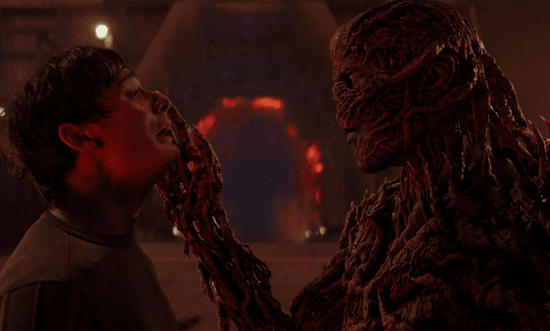 Noah Schnapp, playing Will Byers, and Jamie Campbell Bower, playing Vecna, in