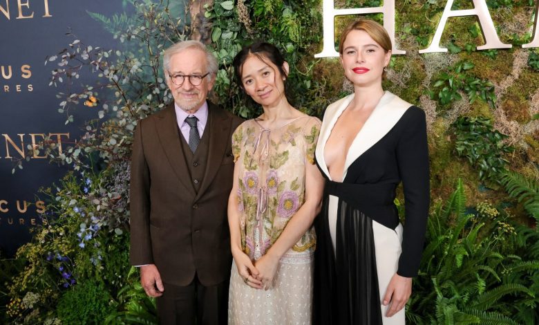 Steven Spielberg, Chloé Zhao and Jessie Buckley attend the premiere of Focus Features