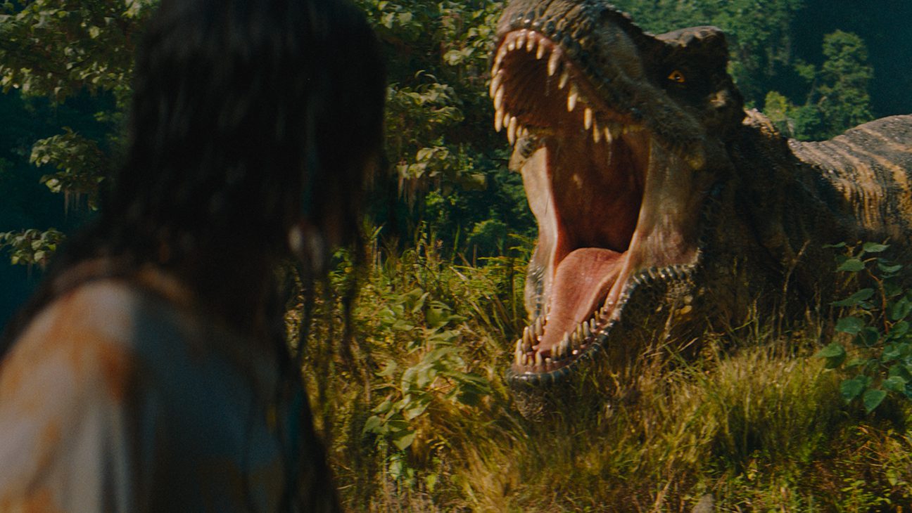 L to R: Luna Blaise and the T-Rex in Jurassic World Rebirth
