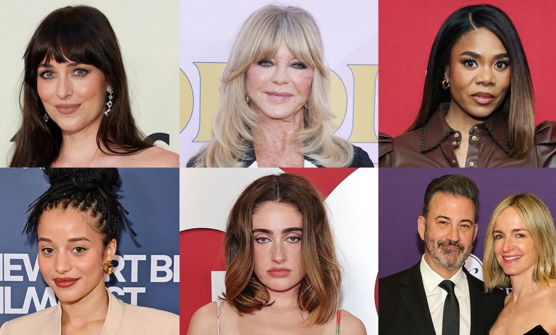 Top row, from left: Dakota Johnson, Goldie Hawn and Regina Hall; bottom row, from left: Chase Infiniti, Rachel Sennott, Jimmy Kimmel and Molly McNearney.