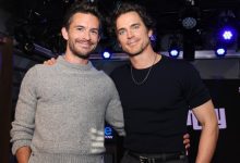 Jonathan Bailey and Matt Bomer visit the SiriusXM Studios in Los Angeles on Nov. 17, 2023.