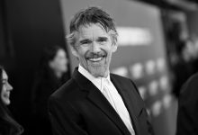 LONDON, ENGLAND - OCTOBER 16: (EDITORS NOTE: Image has been converted to black and white.)  Ethan Hawke attends the "Blue Moon" Headline Gala during the 69th BFI London Film Festival at the The Royal Festival Hall on October 16, 2025 in London, England. (Photo by Gareth Cattermole/Getty Images for BFI)