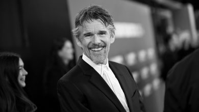 LONDON, ENGLAND - OCTOBER 16: (EDITORS NOTE: Image has been converted to black and white.)  Ethan Hawke attends the "Blue Moon" Headline Gala during the 69th BFI London Film Festival at the The Royal Festival Hall on October 16, 2025 in London, England. (Photo by Gareth Cattermole/Getty Images for BFI)