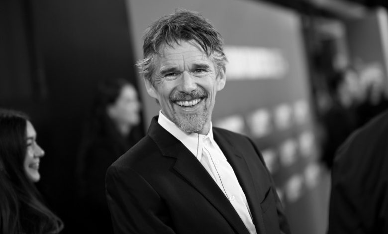 LONDON, ENGLAND - OCTOBER 16: (EDITORS NOTE: Image has been converted to black and white.)  Ethan Hawke attends the "Blue Moon" Headline Gala during the 69th BFI London Film Festival at the The Royal Festival Hall on October 16, 2025 in London, England. (Photo by Gareth Cattermole/Getty Images for BFI)