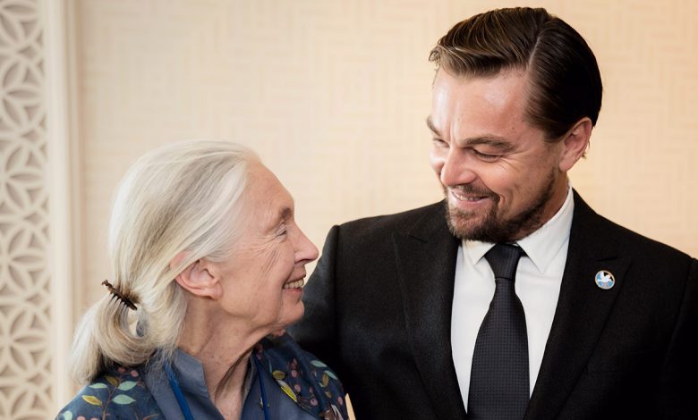 Jane Goodall, UN Messengers of Peace, and Oscar awarded actor Leonardo DiCaprio at the General Assembly before the United Nations Peace Bell Ceremony held every year on this day in the Japanese Garden on the grounds of United Nations HQ.
