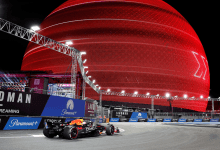 Max Verstappen, driver for Red Bull Racing, races toward the Sphere during the Formula 1 Las Vegas Grand Prix on Nov. 22, 2025.
