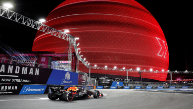 Max Verstappen, driver for Red Bull Racing, races toward the Sphere during the Formula 1 Las Vegas Grand Prix on Nov. 22, 2025.
