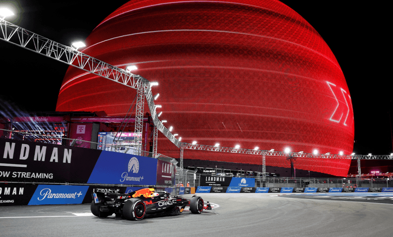 Max Verstappen, driver for Red Bull Racing, races toward the Sphere during the Formula 1 Las Vegas Grand Prix on Nov. 22, 2025.