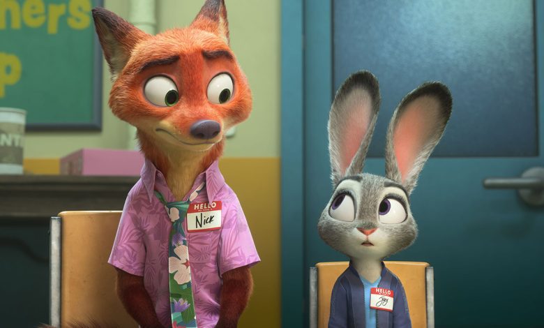 [L-R] Nick Wilde (voiced by Jason Bateman) and Judy Hopps (voiced by Ginnifer Goodwin) in Walt Disney Animation Studios
