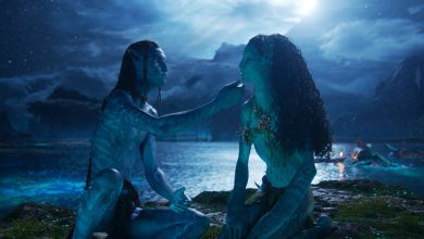 (L-R) Lo’ak (Britain Dalton) and Tsireya (Bailey Bass) in Avatar Fire and Ash