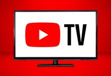 YouTube TV logo on a widescreen TV in front of a red background