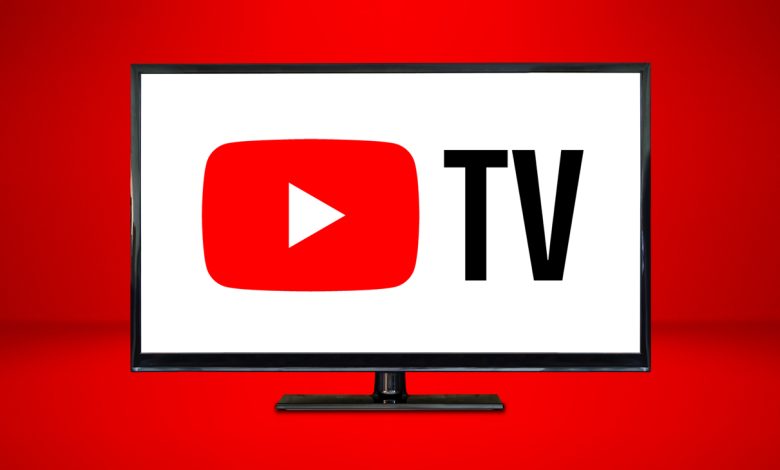 YouTube TV logo on a widescreen TV in front of a red background