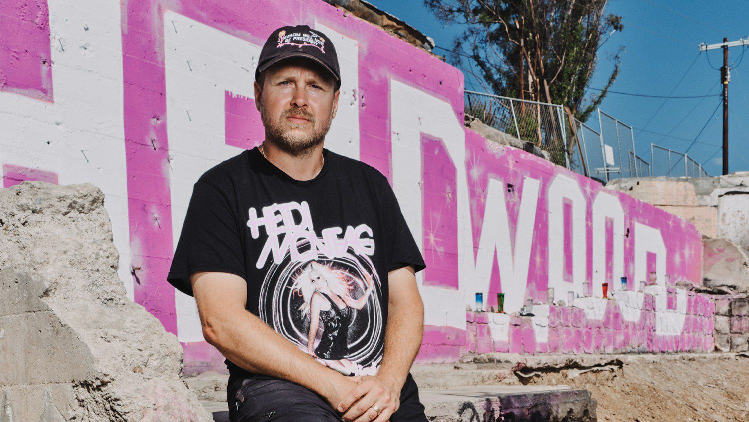 Spencer Pratt was photographed Sept. 16 at what remains of his Pacific Palisades home. He and wife Heidi Montag now tape their video podcast at the location. The “Heidiwood” spray-painted on the retaining wall promotes her recently released second studio album.