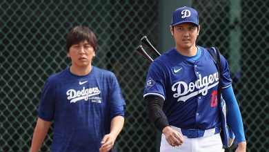 Shohei Ohtani #17 of the Los Angeles Dodgers and interpreter Ippei Mizuhara arrive to a game against the Chicago White Sox at Camelback Ranch on February 27, 2024 in Glendale, Arizona.