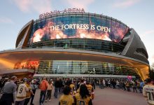 An exterior view shows T-Mobile Arena as it opens to fans before a game between the Utah Hockey Club and the Vegas Golden Knights on November 02, 2024 in Las Vegas, Nevada.
