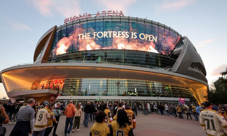 An exterior view shows T-Mobile Arena as it opens to fans before a game between the Utah Hockey Club and the Vegas Golden Knights on November 02, 2024 in Las Vegas, Nevada.