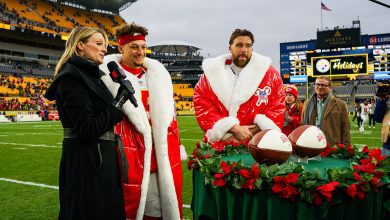 Stacey Dales interviews Kansas City Chiefs quarterback Patrick Mahomes (15) and Kansas City Chiefs tight end Travis Kelce (87) after the regular season NFL football game between the Kansas City Chiefs and Pittsburgh Steelers on December 25, 2024 at Acrisure Stadium in Pittsburgh, PA.