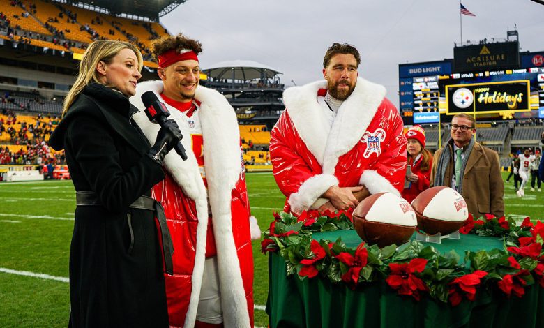 Stacey Dales interviews Kansas City Chiefs quarterback Patrick Mahomes (15) and Kansas City Chiefs tight end Travis Kelce (87) after the regular season NFL football game between the Kansas City Chiefs and Pittsburgh Steelers on December 25, 2024 at Acrisure Stadium in Pittsburgh, PA.