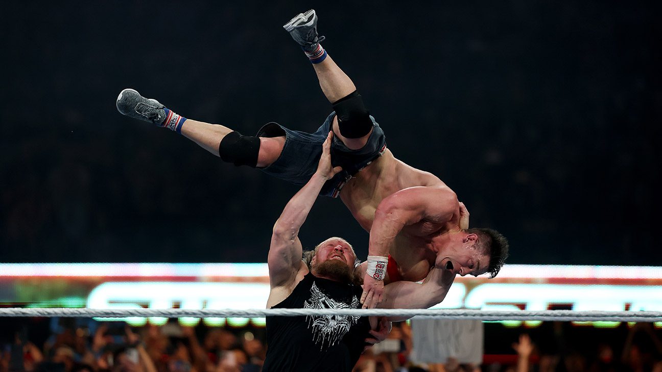 Brock Lesnar throws John Cena during the WWE 2025 SummerSlam at MetLife Stadium on August 03, 2025 in East Rutherford, New Jersey.