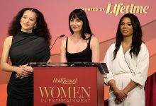(L-R) Chase Infiniti, Dakota Johnson, and Regina Hall speak onstage during The Hollywood Reporter Women In Entertainment Presented By Lifetime at The Beverly Hills Hotel on December 03, 2025 in Beverly Hills, California.