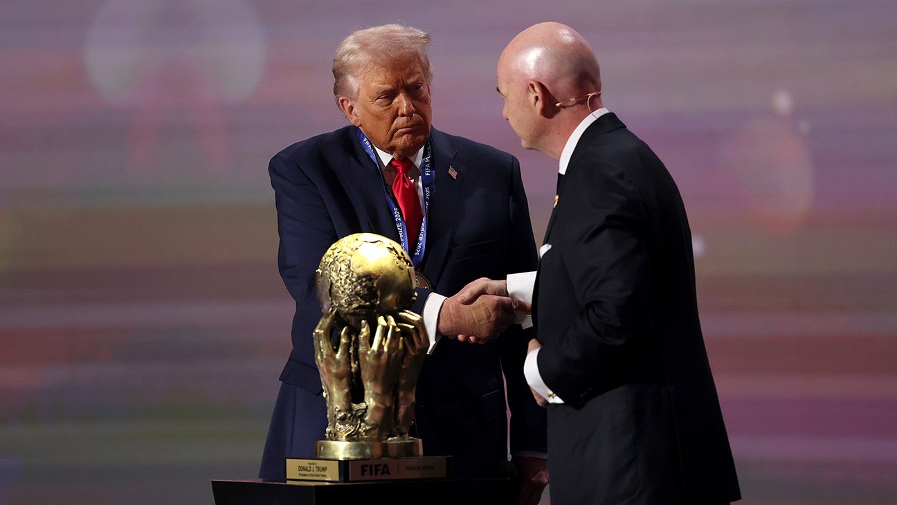 U.S. President Donald Trump receives the FIFA Peace Prize from Gianni Infantino, President of FIFA, during the FIFA World Cup 2026 Official Draw at John F. Kennedy Center for the Performing Arts on December 05, 2025 in Washington, DC.