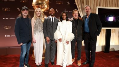 Glenn Weiss, Golden Globes president Helen Hoehne, Marlon Wayans, Skye P. Marshall, Barry Adelman and Ricky Kirshner pose onstage during the nominations announcement and media preview for the 83rd Annual Golden Globes at The Beverly Hilton on Dec. 8.