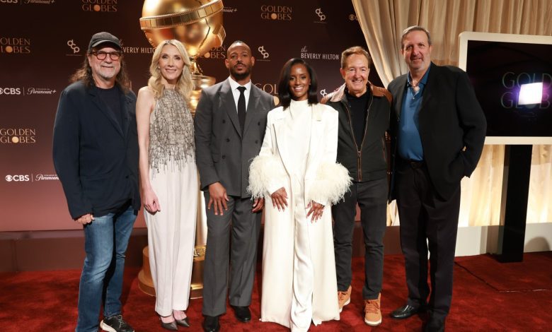 Glenn Weiss, Golden Globes president Helen Hoehne, Marlon Wayans, Skye P. Marshall, Barry Adelman and Ricky Kirshner pose onstage during the nominations announcement and media preview for the 83rd Annual Golden Globes at The Beverly Hilton on Dec. 8.