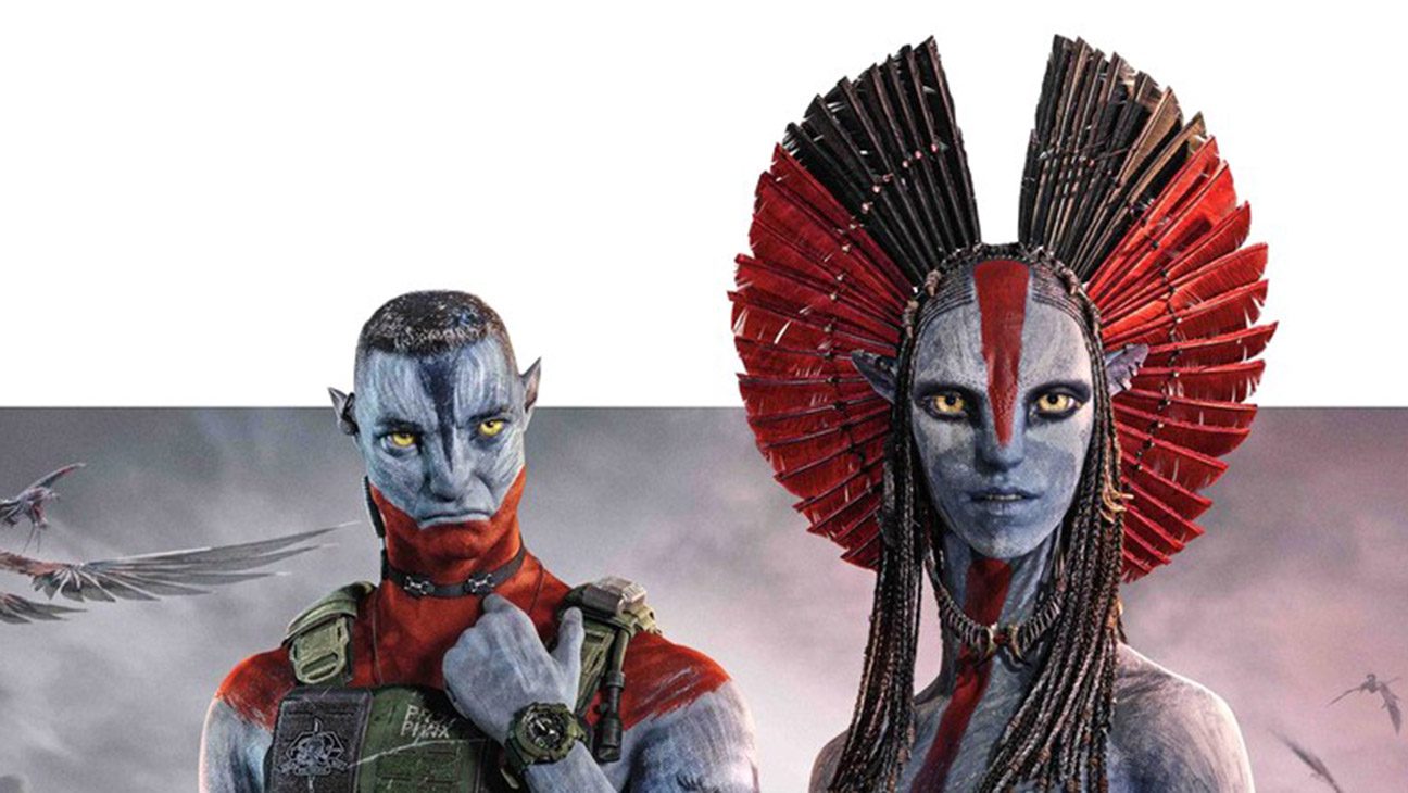 Avatar: Fire and Ash, poster in Khmer, from left: Stephen Lang as Miles Quaritch, Oona Chaplin as Varang, 2025