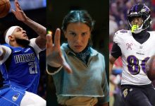 Daniel Gafford #21 of the Dallas Mavericks, Millie Bobby Brown as Eleven in Stranger Things: Season 5, and Isaiah Likely #80 of the Baltimore Ravens