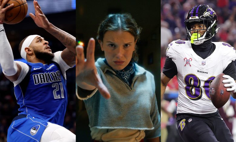 Daniel Gafford #21 of the Dallas Mavericks, Millie Bobby Brown as Eleven in Stranger Things: Season 5, and Isaiah Likely #80 of the Baltimore Ravens