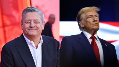 A split image of Ted Sarandos and Donald Trump