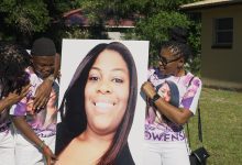 Ajike Owens’ son and mother hold a photo of her in The Perfect Neighbor