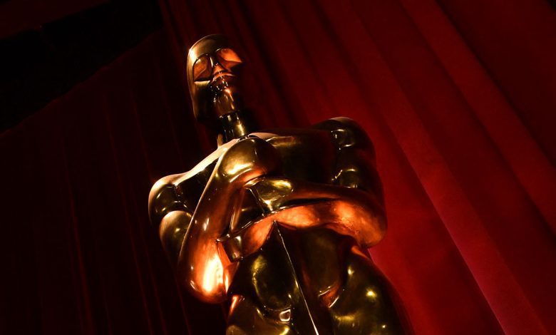 An Oscar statue adorns the stage before the start of the the 96th Academy Awards nominations announcement at the Samuel Goldwyn Theater in Beverly Hills, California, on January 23, 2024.