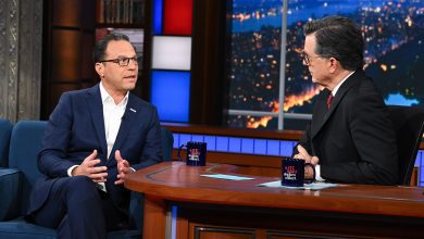 The Late Show with Stephen Colbert and guest Gov. Josh Shapiro during Thursday