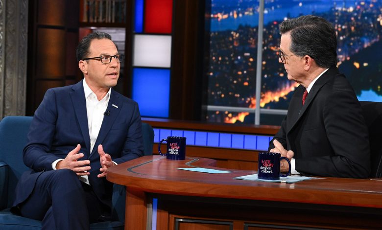 The Late Show with Stephen Colbert and guest Gov. Josh Shapiro during Thursday