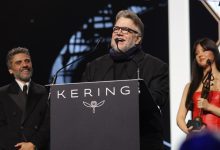 Oscar Isaac, Guillermo del Toro and Jacob Elordi accept the Visionary Award onstage during the 37th Annual Palm Springs International Film Awards at Palm Springs Convention Center on January 03, 2026 in Palm Springs, California.