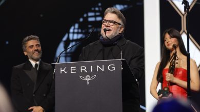 Oscar Isaac, Guillermo del Toro and Jacob Elordi accept the Visionary Award onstage during the 37th Annual Palm Springs International Film Awards at Palm Springs Convention Center on January 03, 2026 in Palm Springs, California.