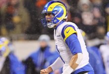 Matthew Stafford #9 of the Los Angeles Rams after a touchdown against the Chicago Bears during the NFC Divisional Playoffs at Soldier Field on January 18, 2026, in Chicago, Illinois.