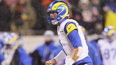 Matthew Stafford #9 of the Los Angeles Rams after a touchdown against the Chicago Bears during the NFC Divisional Playoffs at Soldier Field on January 18, 2026, in Chicago, Illinois.