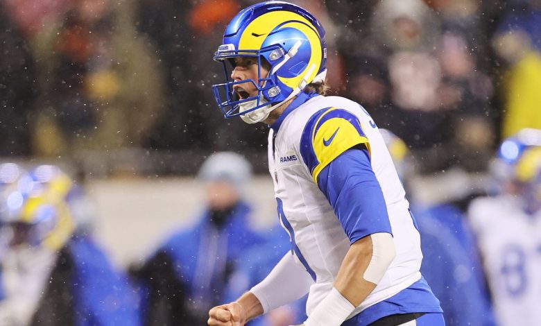 Matthew Stafford #9 of the Los Angeles Rams after a touchdown against the Chicago Bears during the NFC Divisional Playoffs at Soldier Field on January 18, 2026, in Chicago, Illinois.