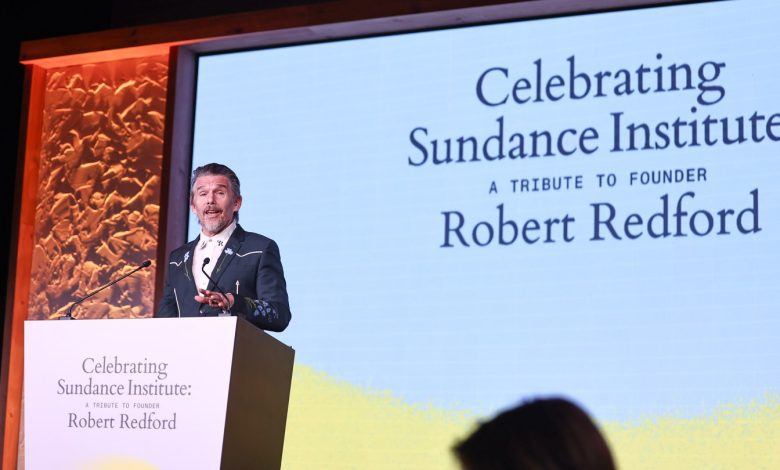 Ethan Hawke speaks during Celebrating Sundance Institute: A Tribute to Founder Robert Redford at the Grand Hyatt Deer Valley in Park City, Utah on Jan. 23, 2026.