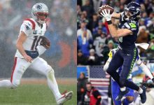 Drake Maye of the New England Patriots (left) and Jake Bobo of the Seattle Seahawks.
