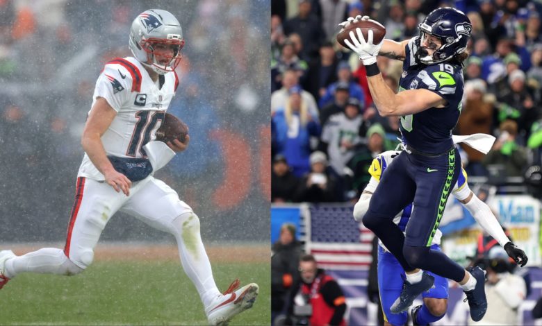 Drake Maye of the New England Patriots (left) and Jake Bobo of the Seattle Seahawks.