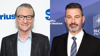 A split image of Bill Maher and Jimmy Kimmel
