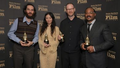 Honorees Josh Safdie, Chloé Zhao, Joachim Trier and Ryan Coogler pose with the Outstanding Directors of the Year Award during the 41st Santa Barbara International Film Festival on Feb. 10.