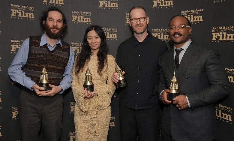 Honorees Josh Safdie, Chloé Zhao, Joachim Trier and Ryan Coogler pose with the Outstanding Directors of the Year Award during the 41st Santa Barbara International Film Festival on Feb. 10.