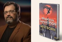 Brandon Sanderson Headshot and Mistborn Book